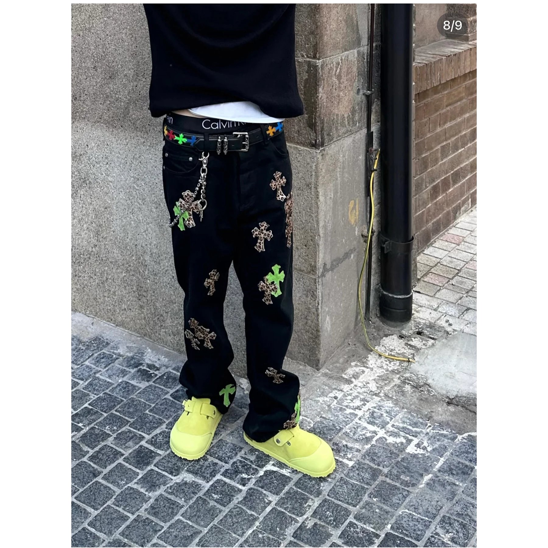 Item Thumbnail for [Price Reduction] Original quality CH Crow limited edition black green leather leopard print cross high street washed jeans for men and women (5047#)