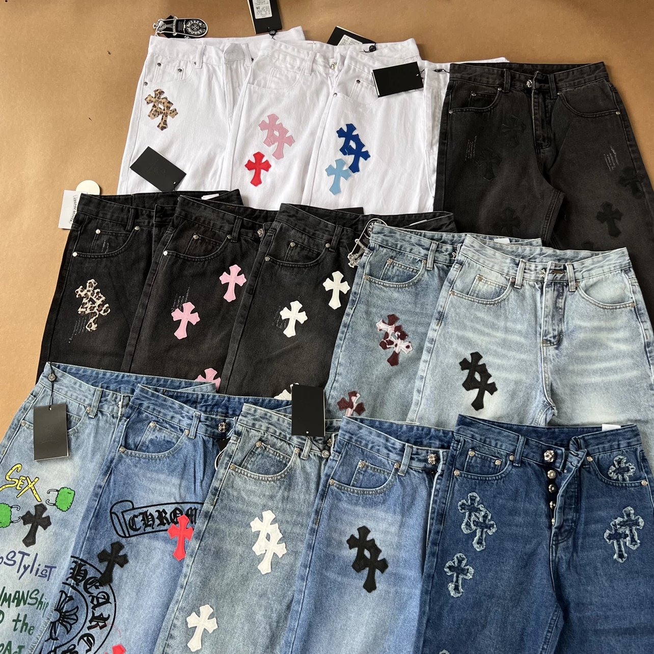 Fourteen Colors All Shipped】Cross Patch Leather Washed and Aged Jeans Long