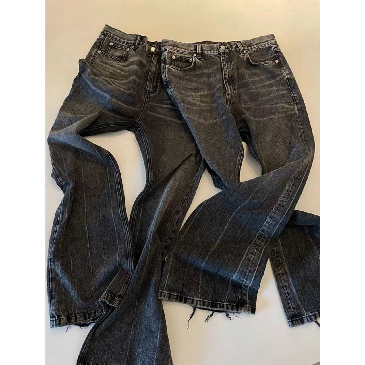 【 Heavy Craftsmanship Stacking Sense 】 High quality BLC Flared Black Grey Washed Damaged and Aged Trumpet Straight leg Jeans 91yxng Same Style