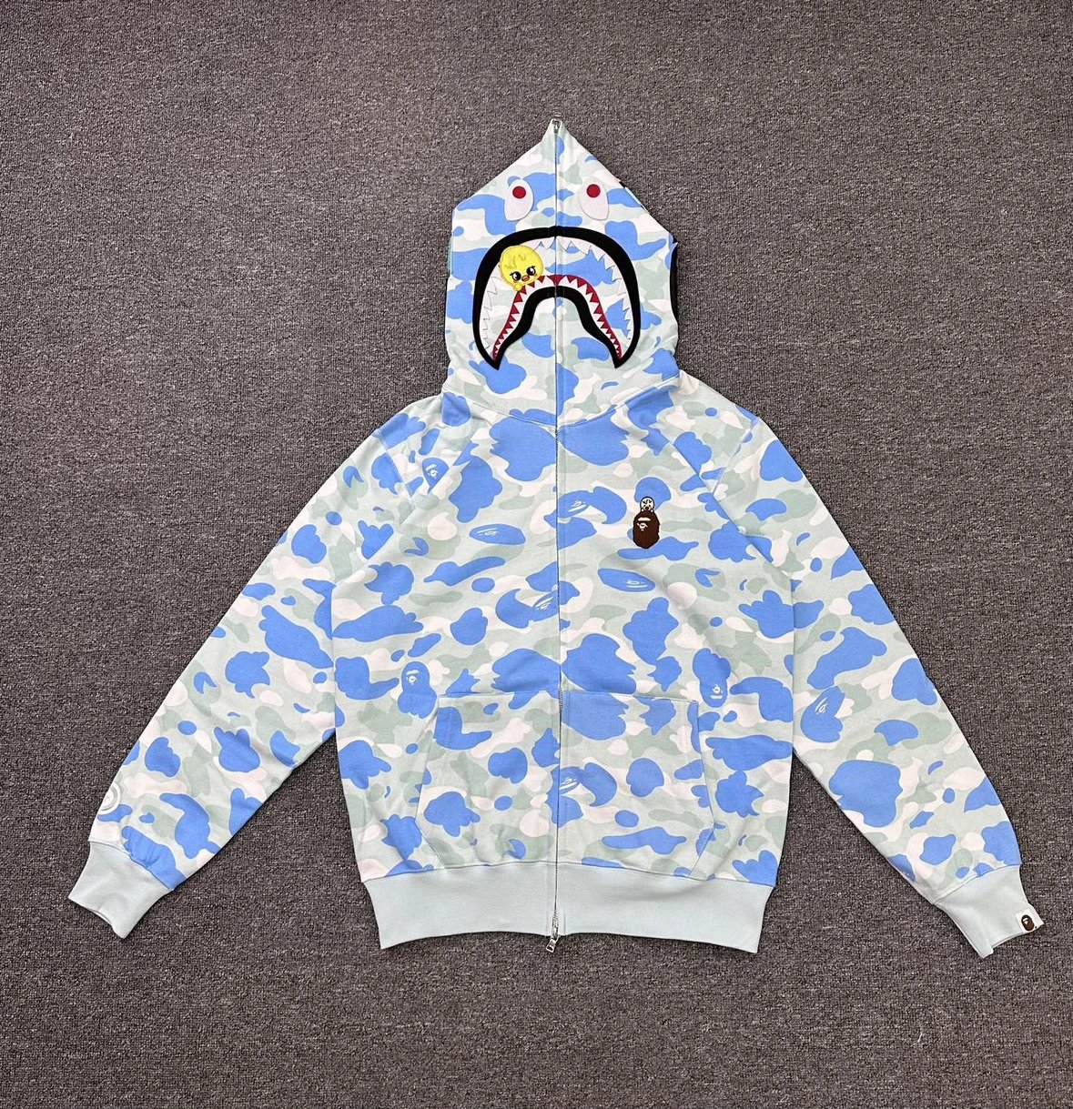BAPE Stray Kids Collaboration FW25 Shark Chick Embroidery All-Over Camo Zip-Up Hoodie Custom Premium Fabric Unisex Size S-XXL [Light Blue, Purple, Blue, Gray]