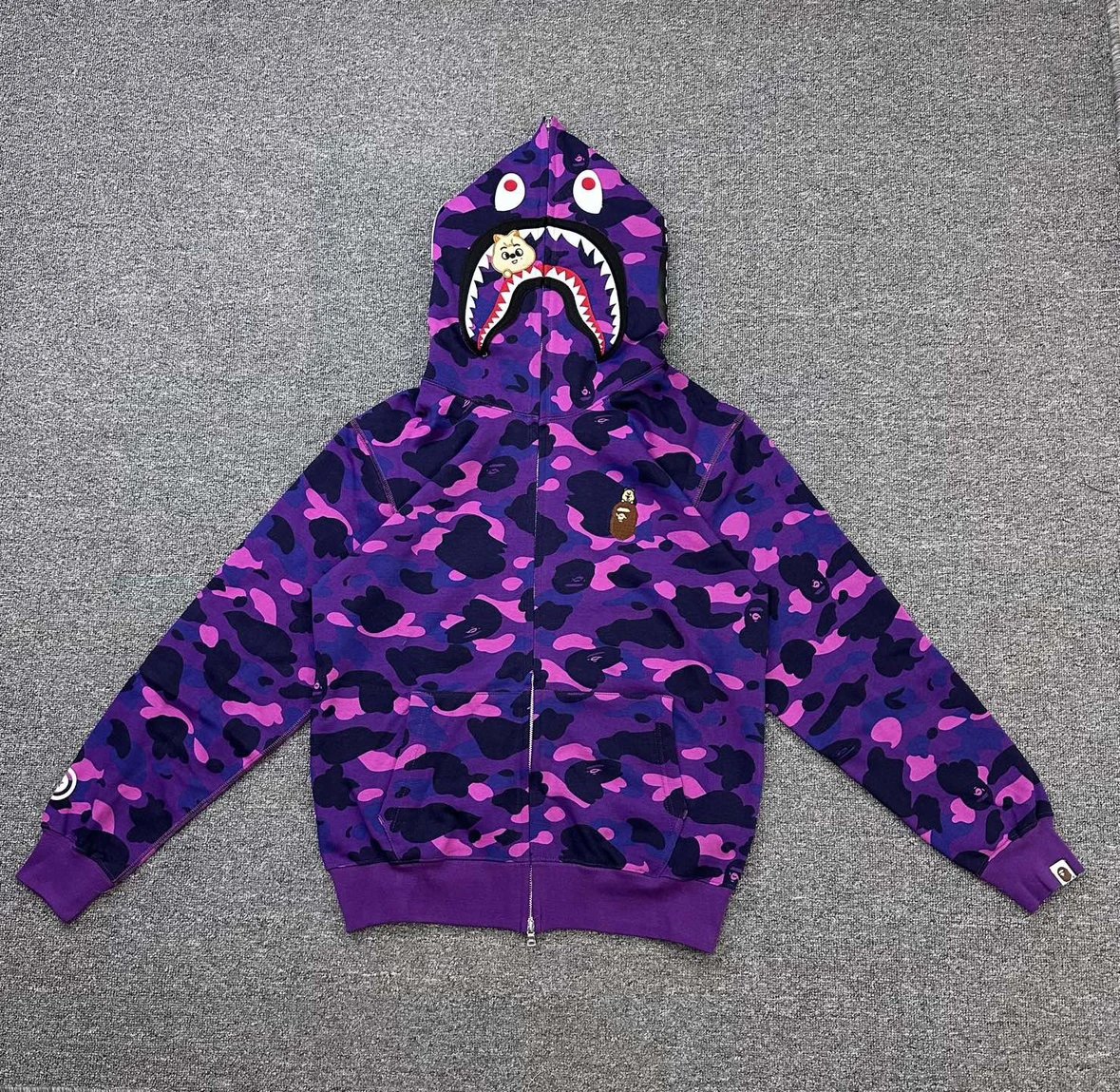 BAPE Stray Kids FW25 Collaboration Shark & Quokka Embroidered All-Over Camo Zip-Up Hoodie Custom Premium Fabric Couple's Style S-XXL [Light Blue, Purple, Blue, Gray]