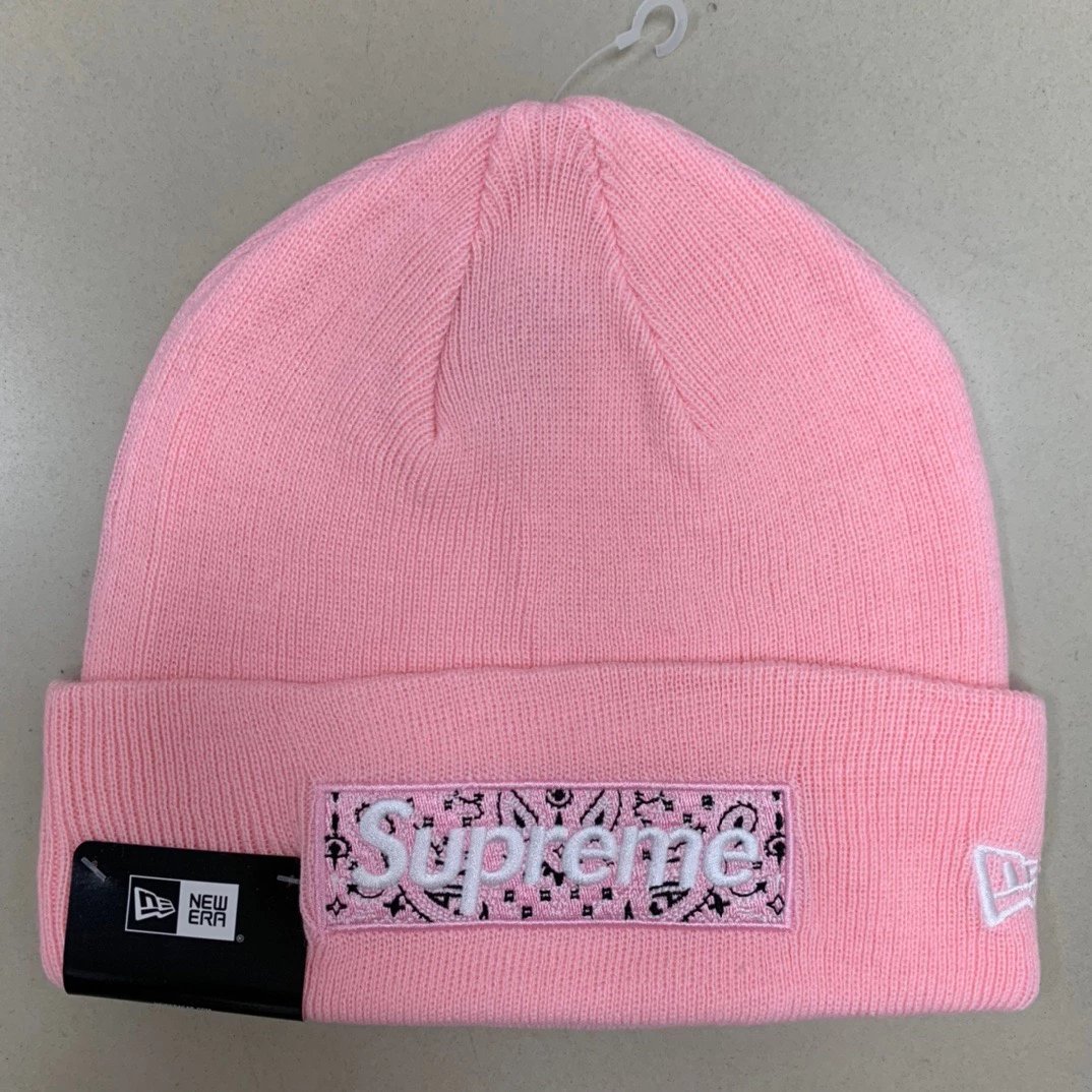 Supreme x New Era Box Logo Beanie Paisley Pattern Knit Hat in Red, Pink, Yellow, Brown