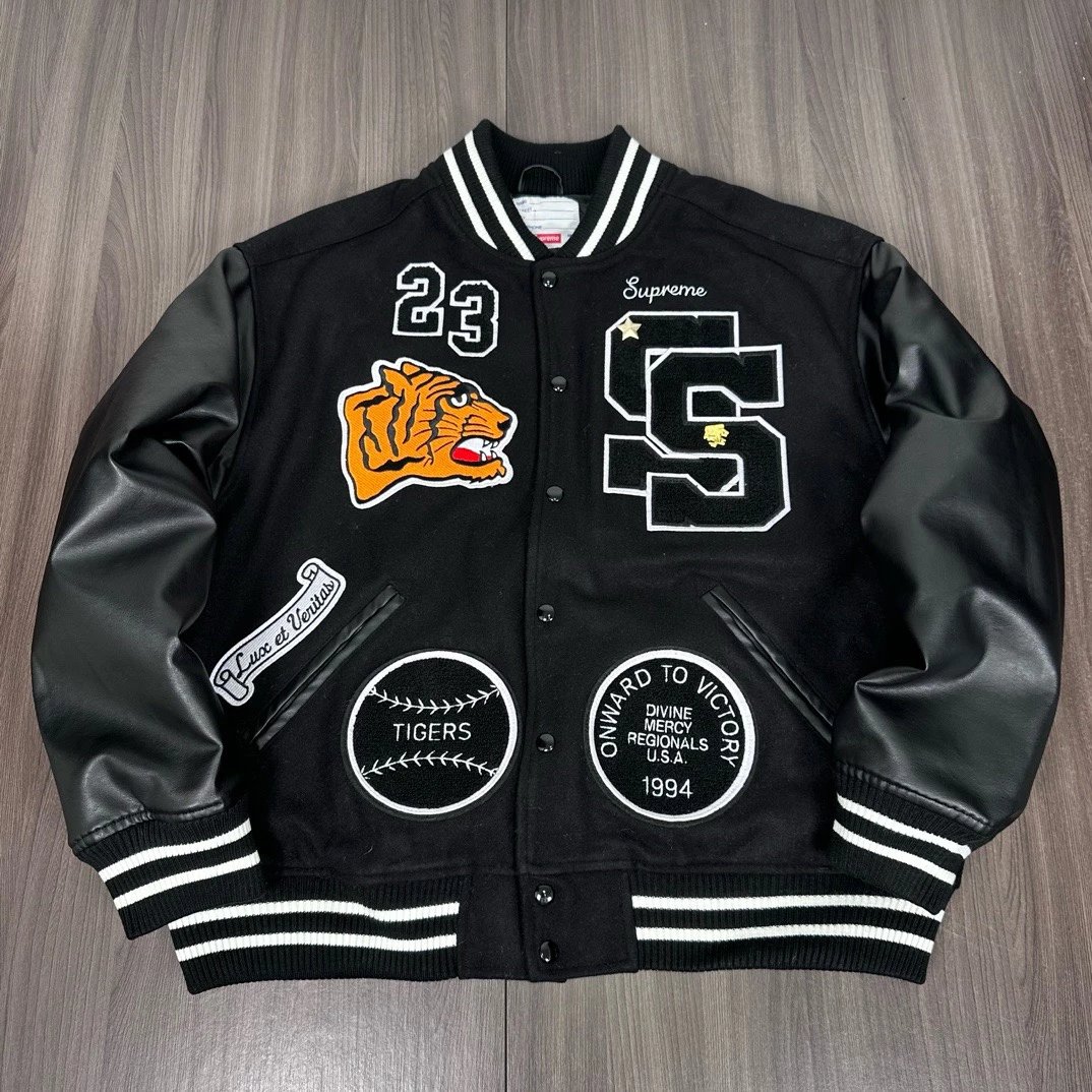 SUPREME 23FW Autumn/Winter Collection TIGER VARSITY JACKET Embroidered Label Tiger Baseball Jacket/Wool Woolen Jacket Black Brown S-XL