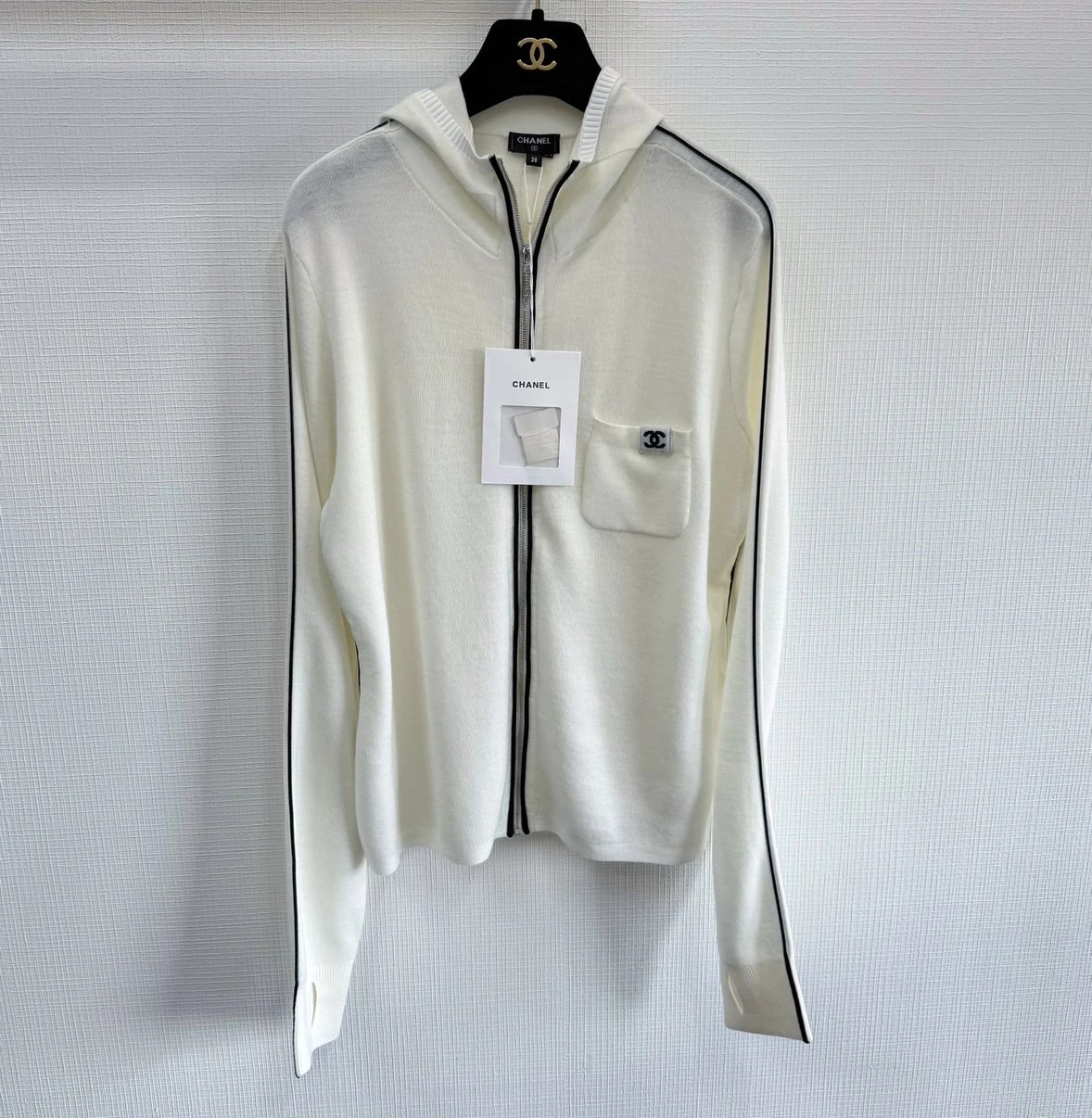 Chanel 25K Metiers d'Art Collection Black and White Zip-Up Hooded Cardigan