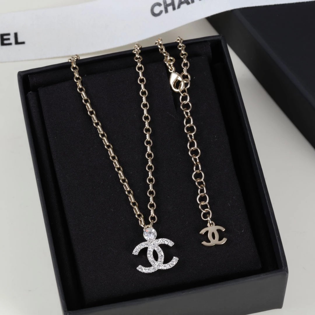 C Home 23K New Gold Full Diamond Round Diamond Double C Chain Necklace