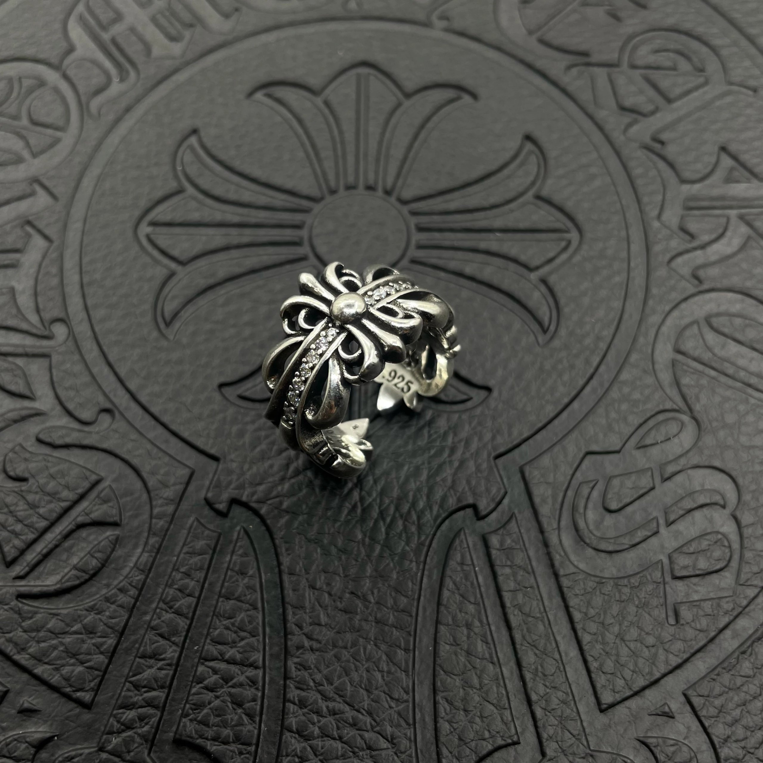 Chrome Hearts Double Floral Cross Ring 925 Silver Diamond Silver