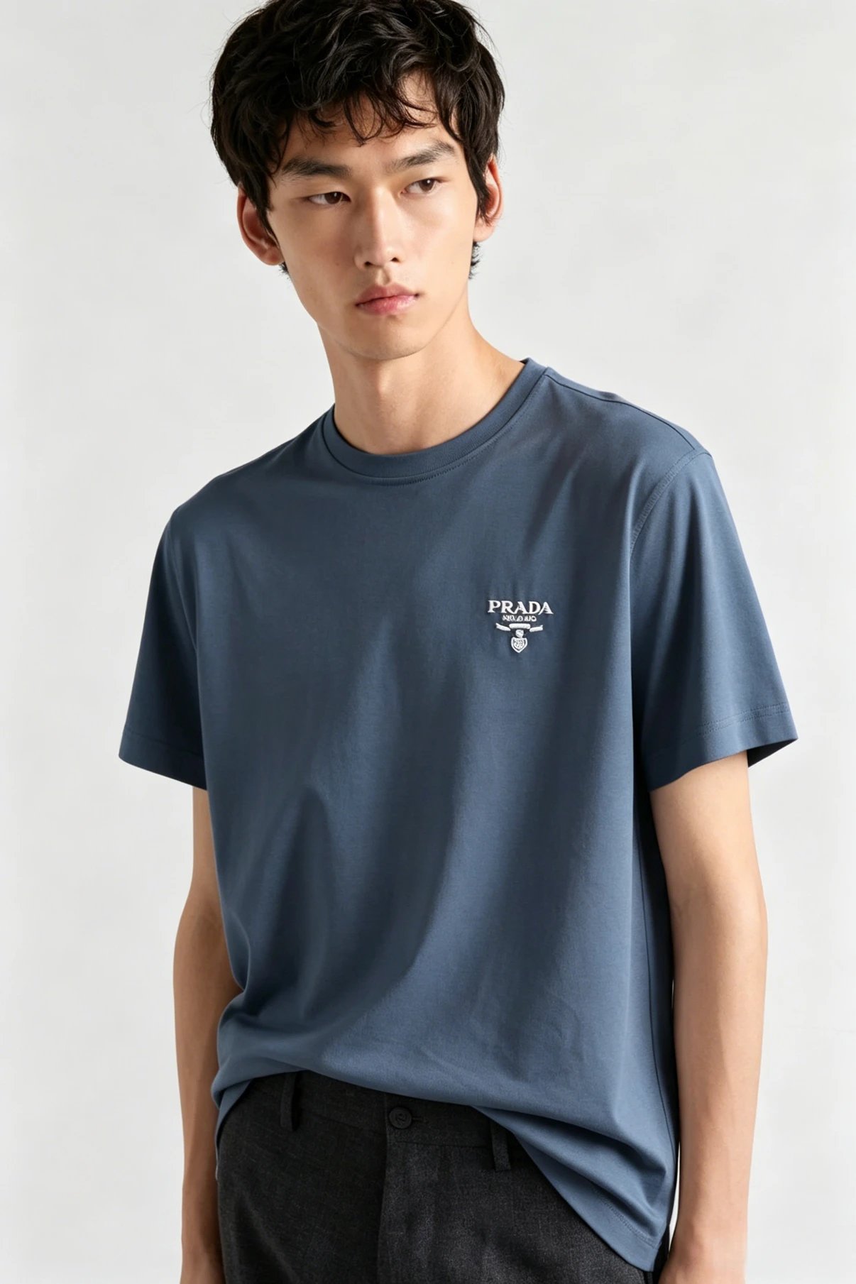 Shihui Clothing - General Silk Plain Men's Round Neck Short sleeved T-shirt with Casual Embroidery Pattern Men's Round Neck Short sleeved T-shirt