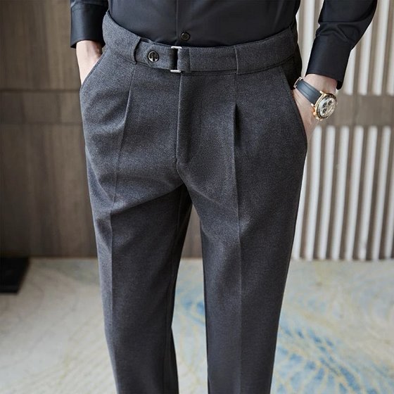 Prada Men's Autumn Winter Thick Wool Trousers Business Casual Korean Slim Fit Non-Iron Belted Suit Pants