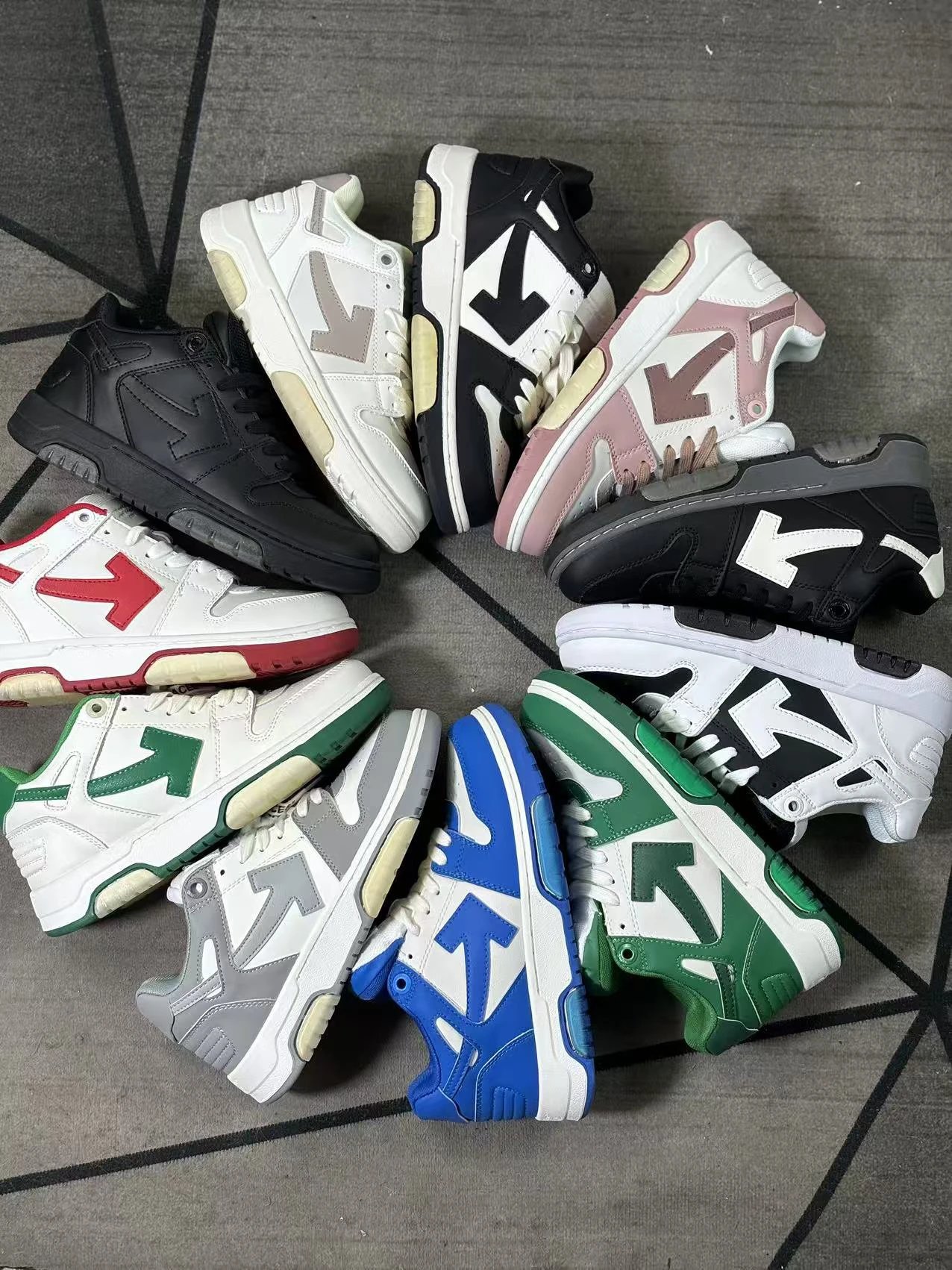 【 Factory spot long-term supply cost-effective company level 】 New original box OFF-WHITE leather splicing design low top board shoes casual shoes couple's men's and women's shoes