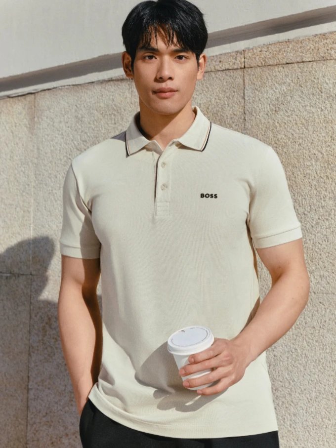 [Pima Cotton] Hugo Boss 2026 Summer New Business Casual Men's Moisture-Wicking Pique Color-Block Polo Collar Short Sleeve T-Shirt BOSS Polo Shirt Classic Striped Contrast Collar and Rubber Print Logo Design Sporty Style Moisture-Wicking Trendy Versatile Free Shipping