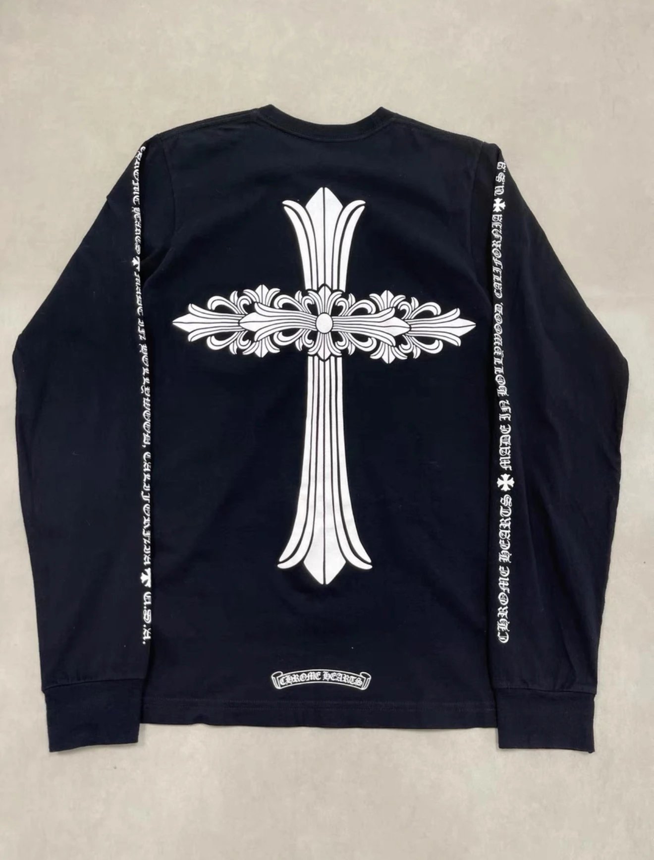 (In Stock) CH23SS Chrome Hearts Rare Large Cross Double-Arm Sanskrit Long-Sleeve Tee | Cross Sanskrit Print Long Sleeve, Lightweight, Soft, Comfortable, Breathable, Unisex
