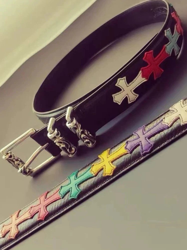 Chrome Hearts Cross Buckle Embossed Leather Belt Black - 2