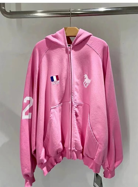 (In Stock) BAL22FW Paris Runway Collection Distressed Dirty War Horse Mud-Dyed Flag Embroidered Jacket Pink-MLMLSPTS0404