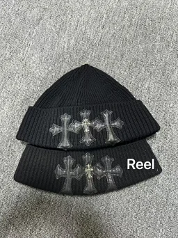 thumbnail for （现货）Chrome Hearts 克罗心黑色针织拼皮银饰十字羊毛冷帽 手工制作 现货 进口山羊皮 钢模镀银三层