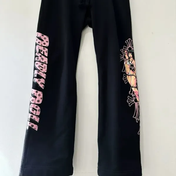 Design Pink Skull Print Sweatpants Black - 1
