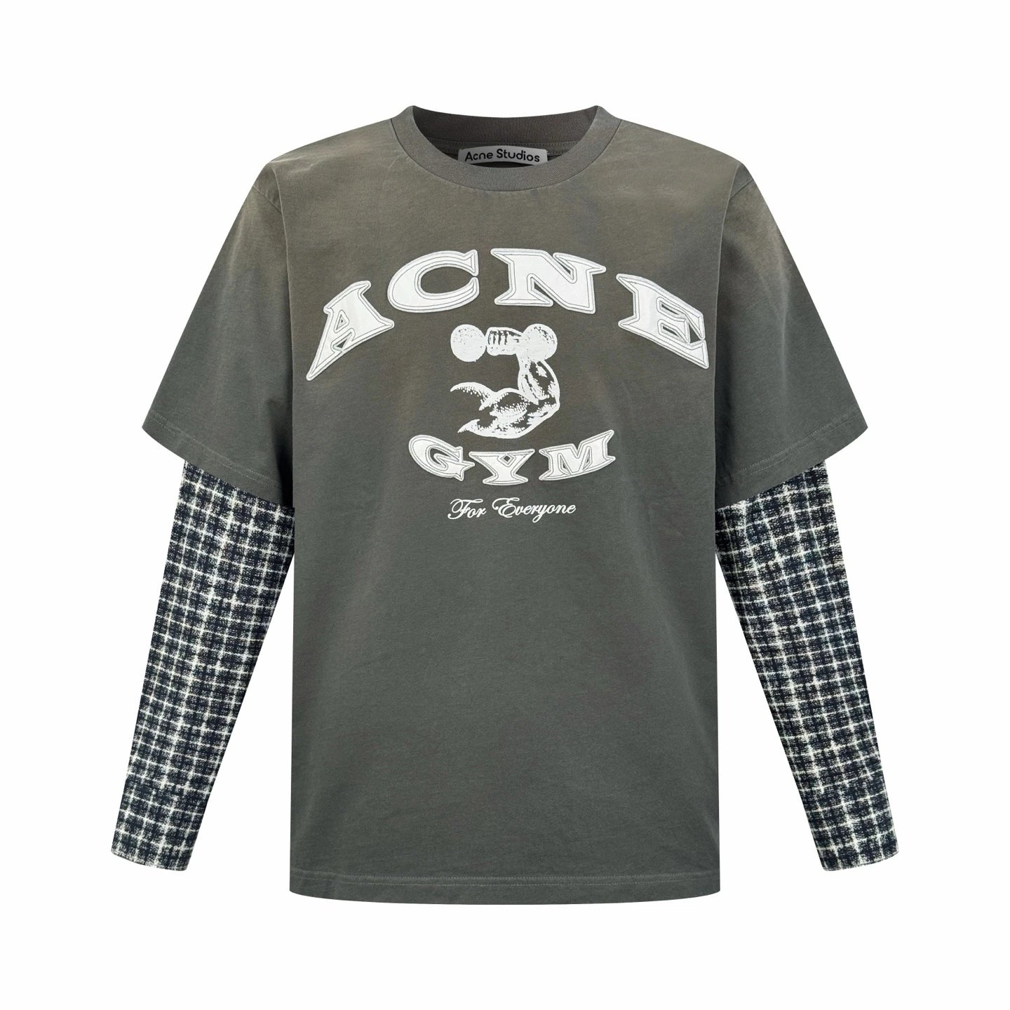 (In stock) Independent Acne25fw new olive green micro label printed long sleeved T-shirt with grid stitching fake two-piece long sleeved T-shirt in two colors in stock