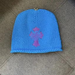 thumbnail for (In stock) independent CH23FW Cross Purple Blue Hand-Woven Patchwork Cross Cold Hat Miami Blue Limited Cross Leather Brand Woolen Knit Cold Cap
