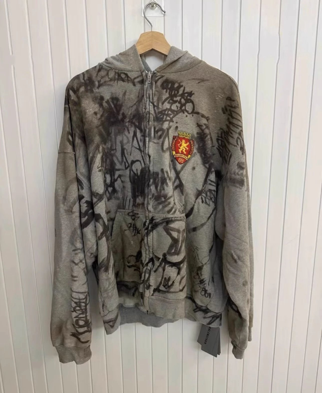 Balenciaga Graffiti-Print Zip-Up Hoodie Gray
