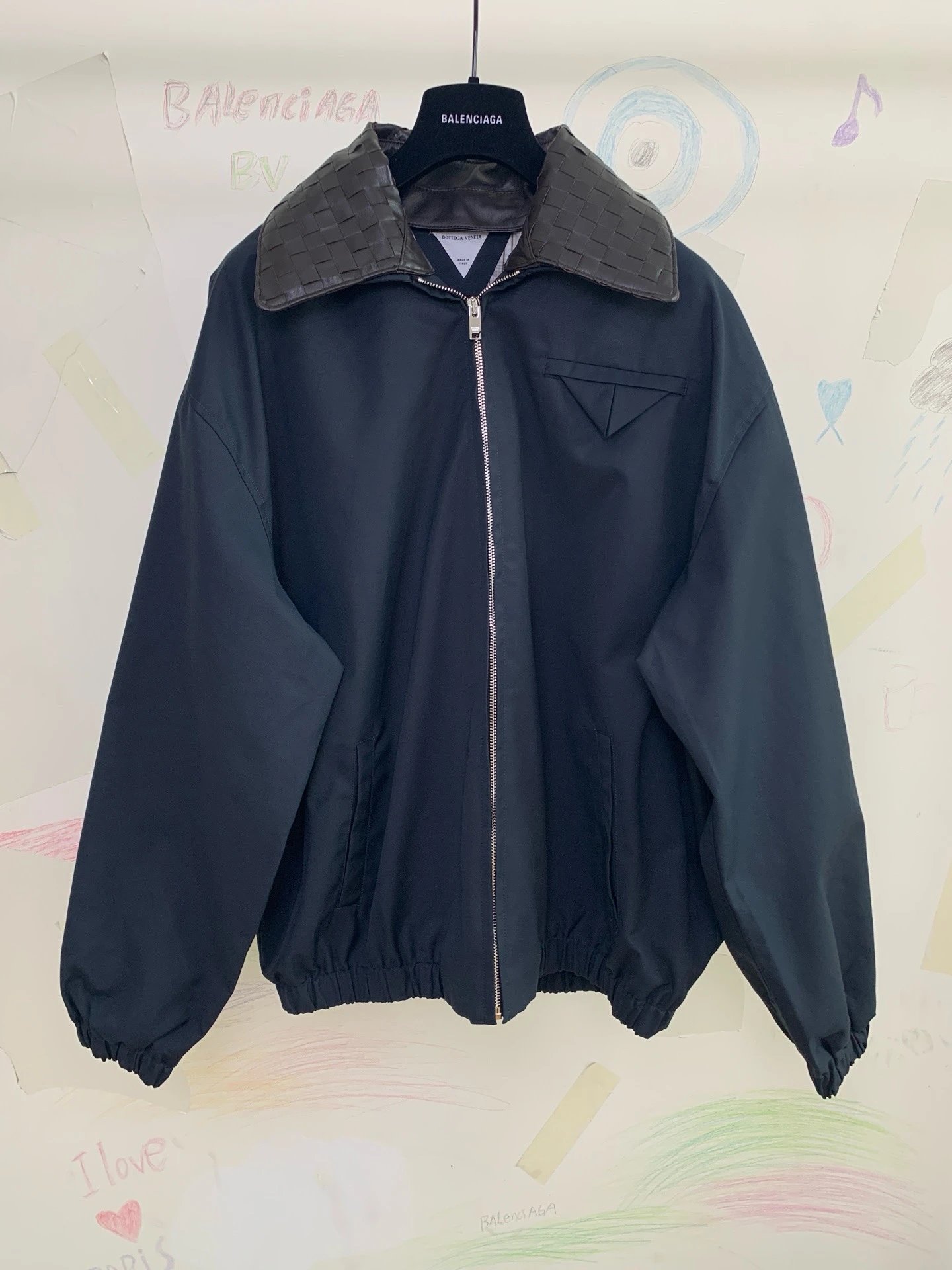 In Stock | BV25fw New Turn-Collar Woven-Leather Zip Jacket — Bottega-Inspired Detachable Collar, Old-Money Style, Navy Blue