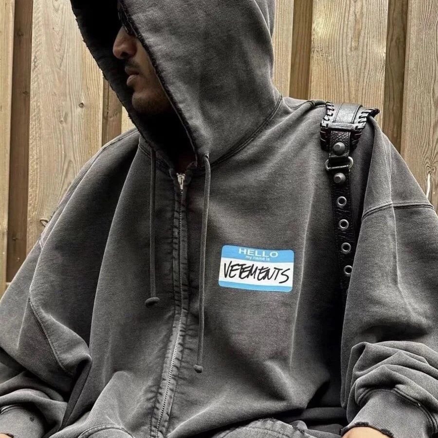 Vetements Hello Name Tag Zip-Up Hoodie Gray - 3