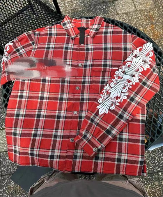 (In stock) Independent CH Kro Heart Flower Arm Cross Shirt, Blue Fleece Checkered Pattern Shirt Coat, Cotton Jacket, Men's and Women's Styles