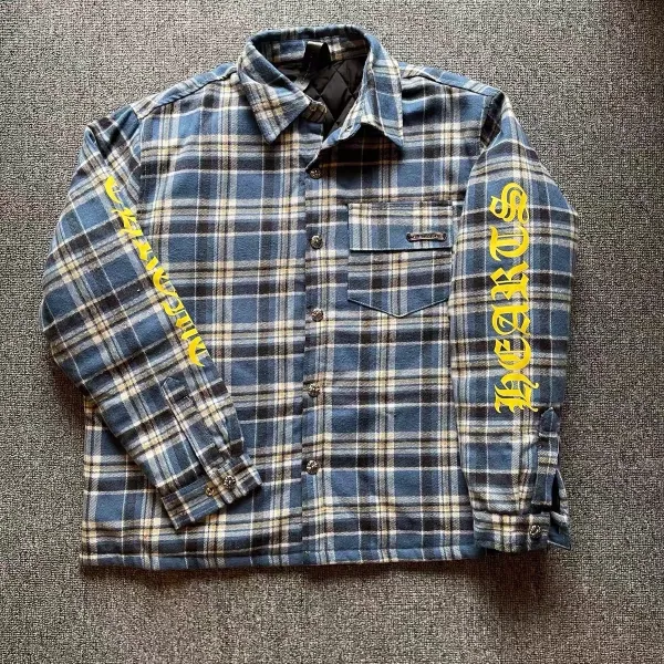 Chrome Hearts Flannel Shirt Jacket Blue Plaid with Yellow Sleeve Script Outerwear - 1