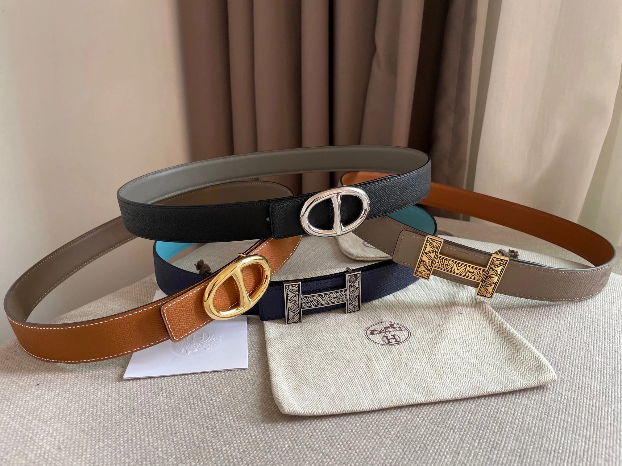 Hermes H-Buckle Leather Belt Unisex Casual