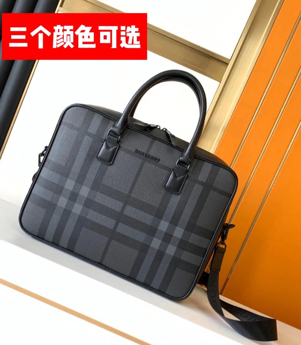 B家 Leather Business Briefcase Check Pattern Messenger Bag