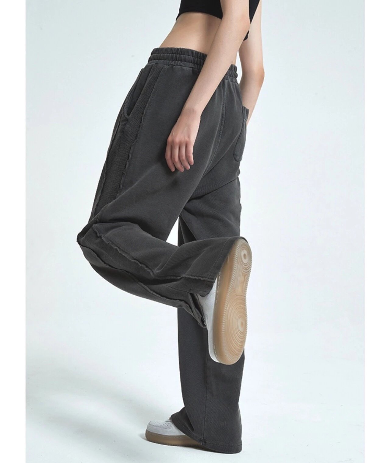 Water-Washed Charcoal Split Straight Pants