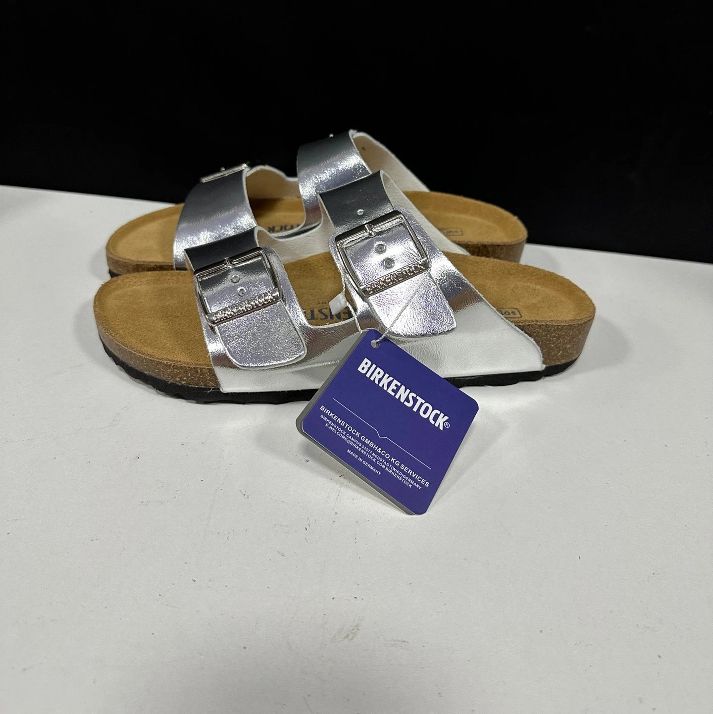 Silver two-strap double-buckle double-band slide