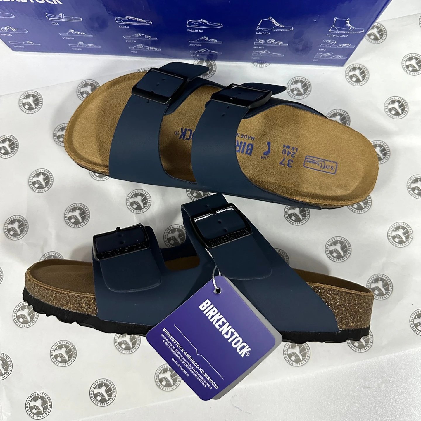 Blue leather two-strap double-buckle double-band slide