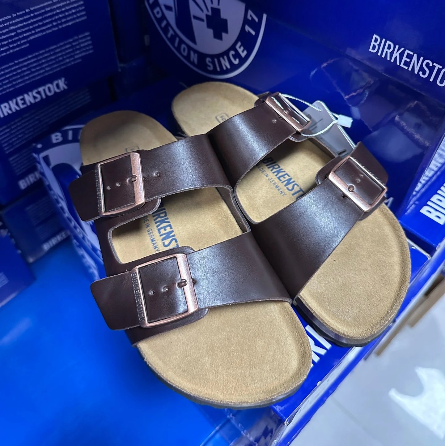 Dark brown leather two-strap double-buckle double-band slide