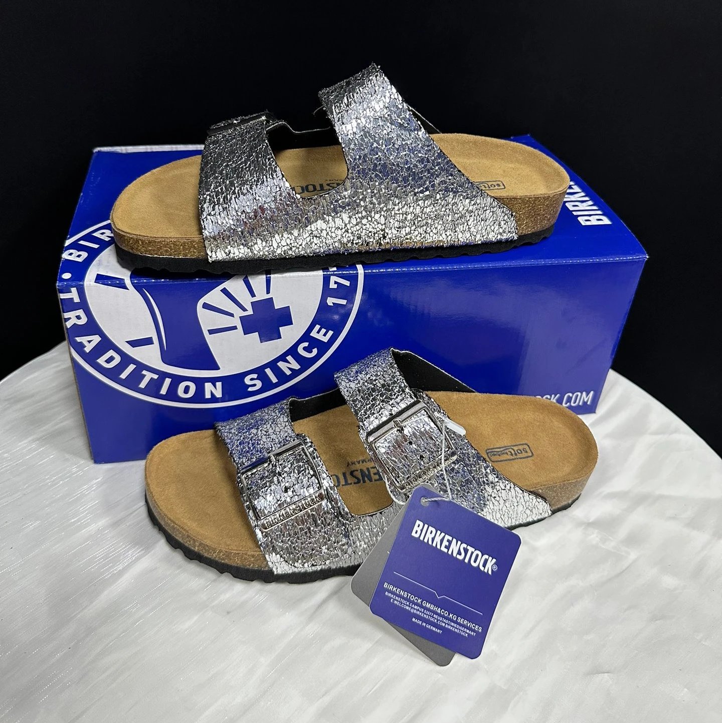 Cracked silver two-strap double-buckle double-band slide