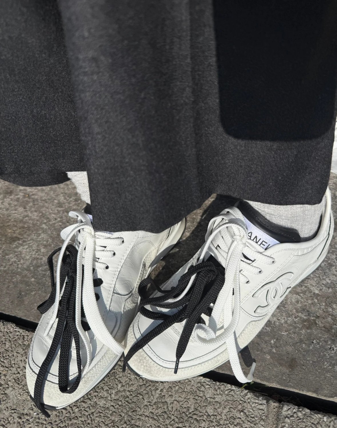 CHANEL CC Leather Low-Top Sneakers, Women's, White & Black, Premium Calfskin 1