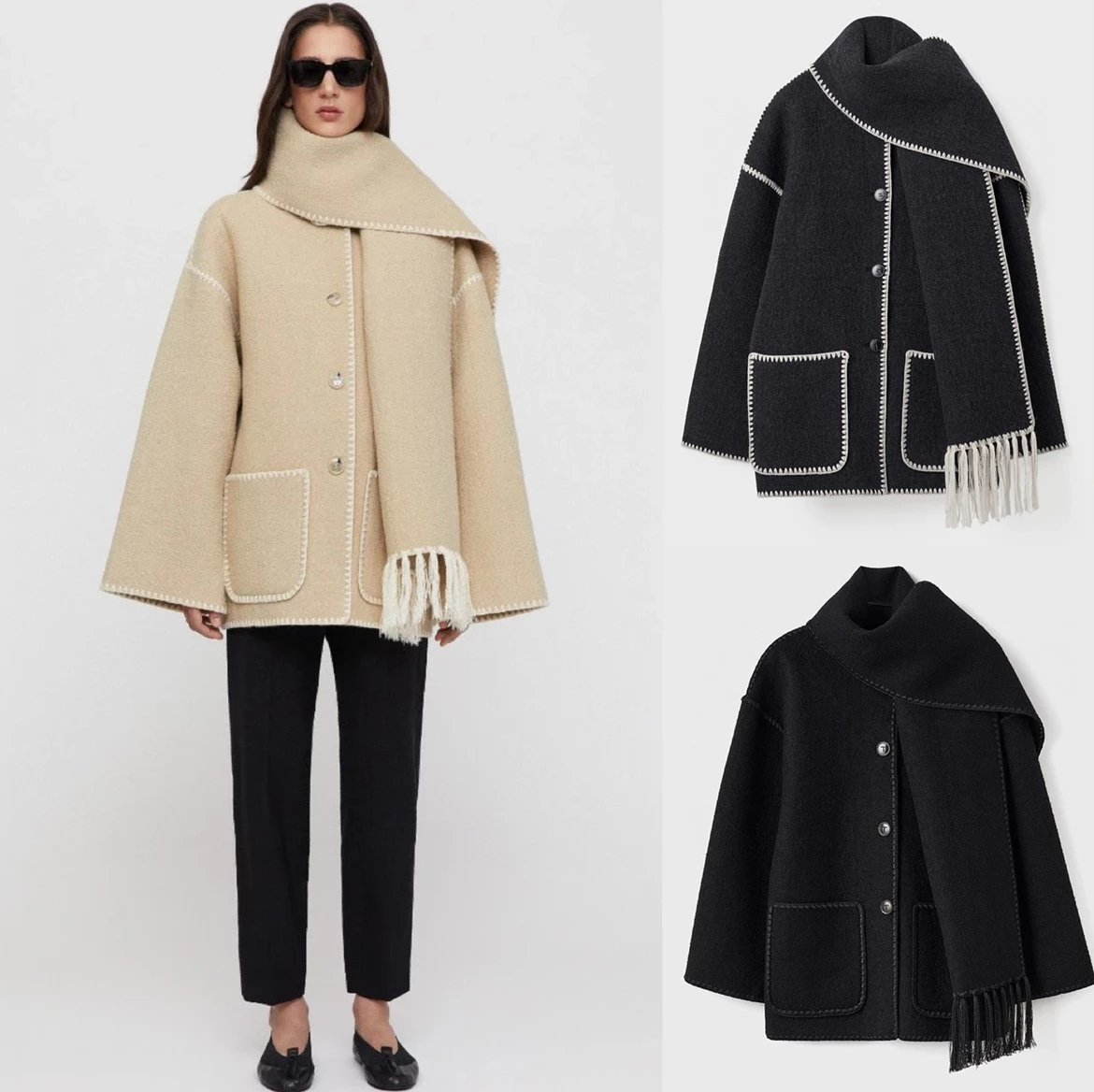 Exclusive bull goods! A must-have for regular customers! Swedish Minimalist Embroidered Crochet Scarf Wool Tweed Jacket Coat