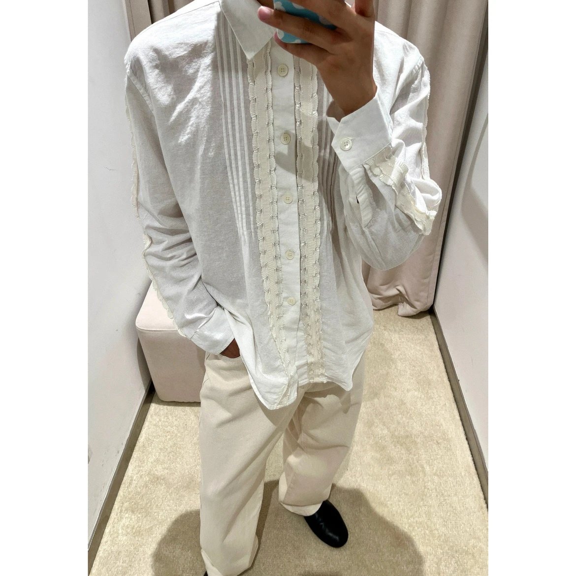 Swedish niche mushroom lace cotton linen white shirt