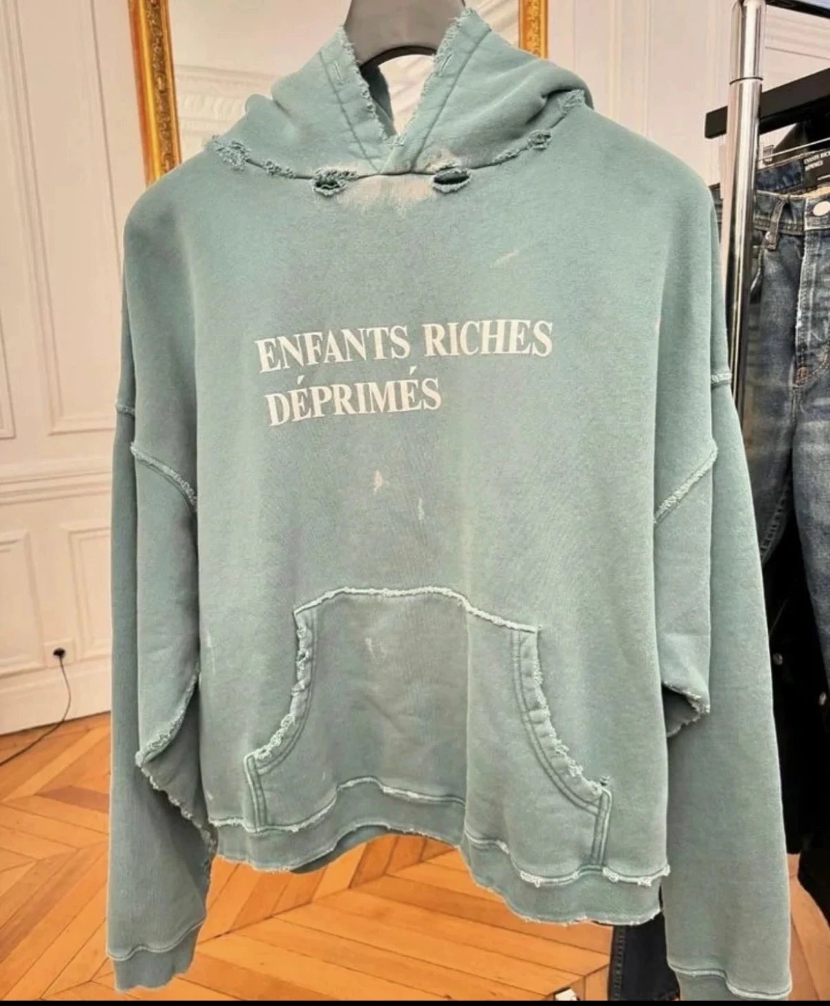 In stock) erd24fw Melancholy Rich Kid Lake Tiffany Green Distressed Slogan Oversized Splatter Hoodie
