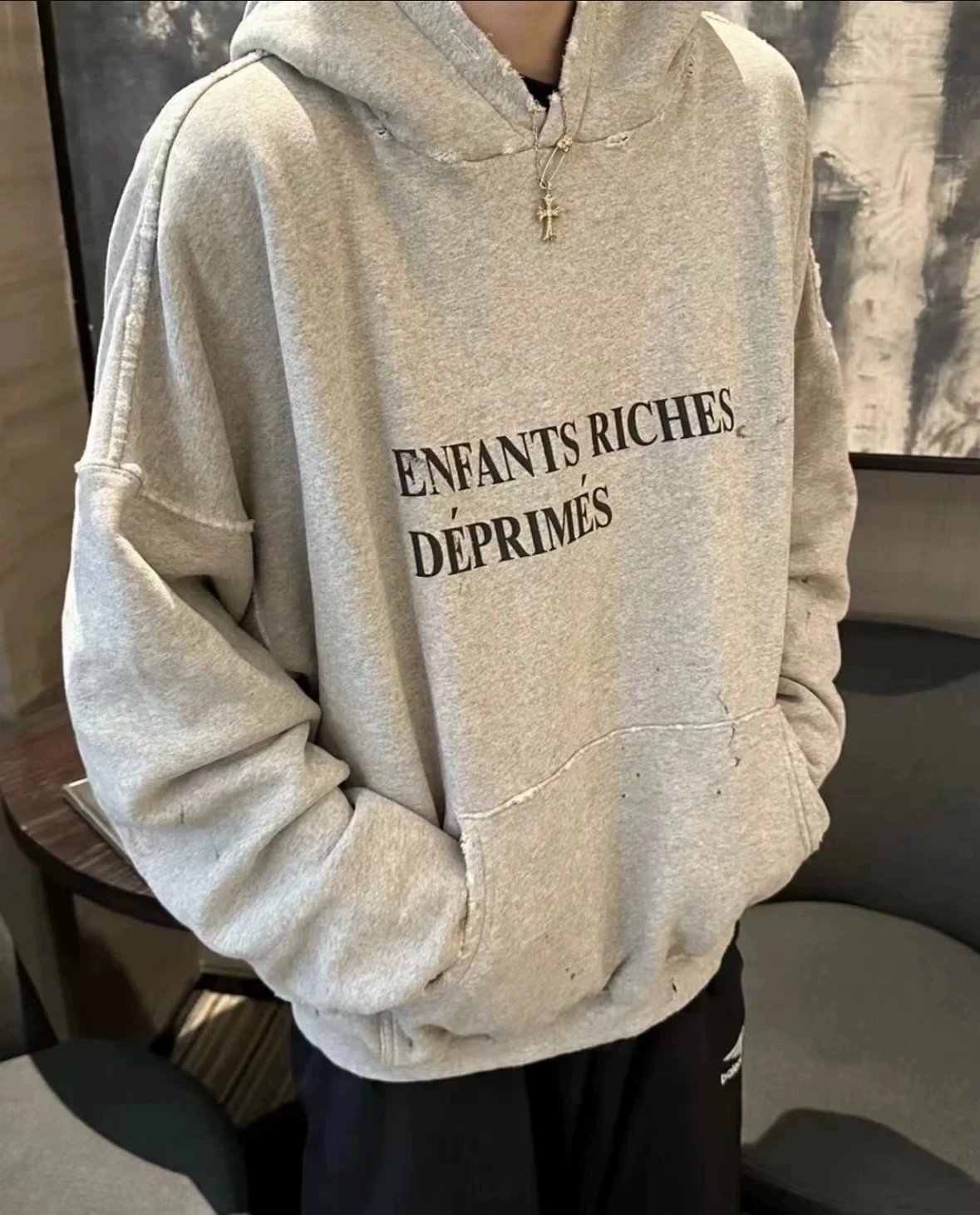 L ❗ ERD24SS melancholic rich second-generation floral gray slogan in restocking, worn out and damaged, Boxy splashed ink pullover with fleece hoodie