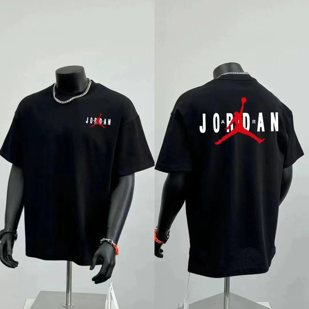 Cotton American Short Sleeve T-Shirt AJ Jumpman Print Basketball Casual Loose Crewneck Paris Collaboration Fitness