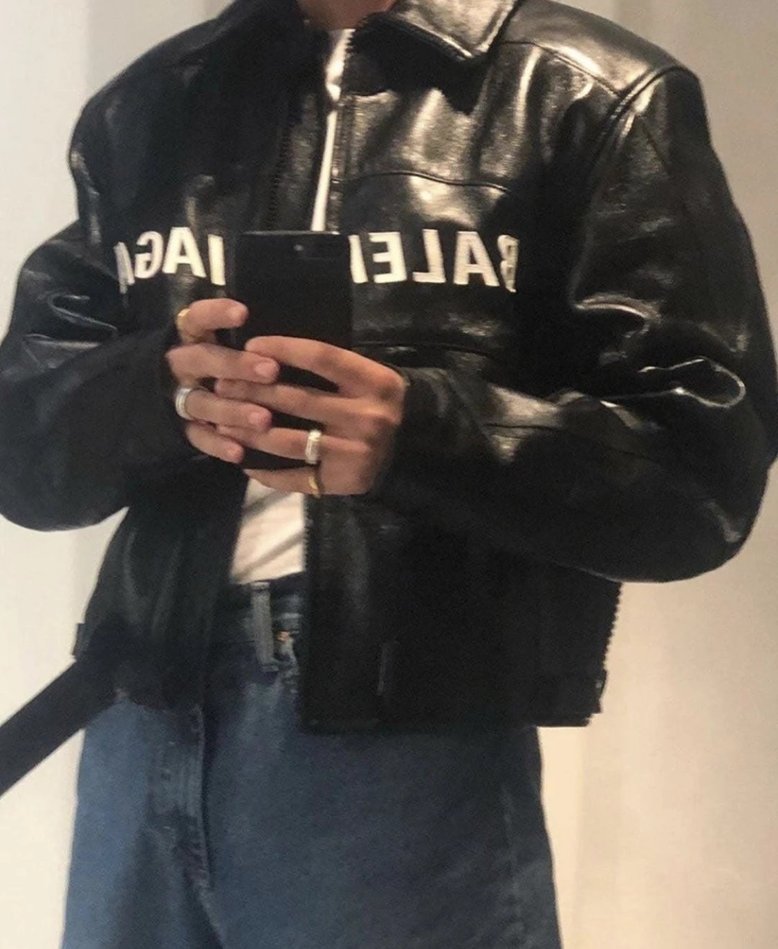 【定制款】Balenciaga/巴黎世家 黑色翻领长袖宽松皮衣短款外套