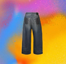 thumbnail for (Spot) independent 2023M baggy mud dyed black gray water ripple jeans Imported first layer cowhide full grain coated pocket Turkish red ear 3D three-dimensional tailoring Hand wipe water ripple cat whiskers