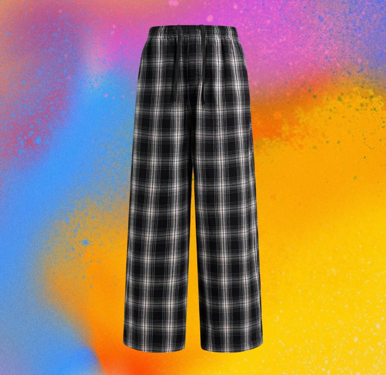 Plaid Front-Back Patch Wide-Leg Loose Sweatpants with Elastic Waistband 1