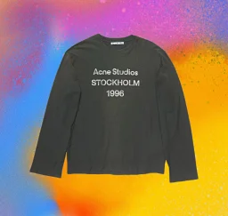 thumbnail for (Spot) independent SS1996 slogan letter print washed black long sleeves distressed spray dirt process neckline hand-painted details cotton and linen fabric