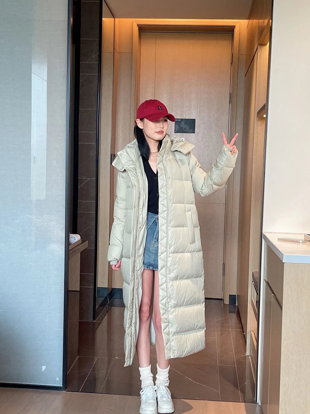 Design Long Puffer Coat in Flax Color Down Jacket - 37