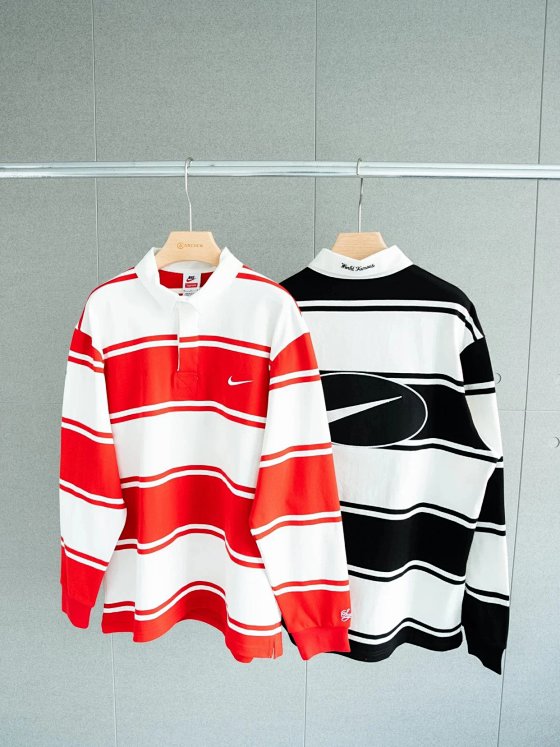 Supreme x Nike Collab Striped Rugby Logo Comfort Long Sleeve Polo Shirt