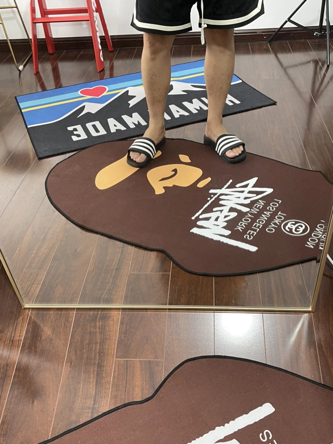 Item Thumbnail for BAPE ape fashion brand foot mats special-shaped crystal velvet door mats carpet floor mats home insoles pet mats a bathing ape letter logo printing co-branded ape head human made snow mountain red heart love