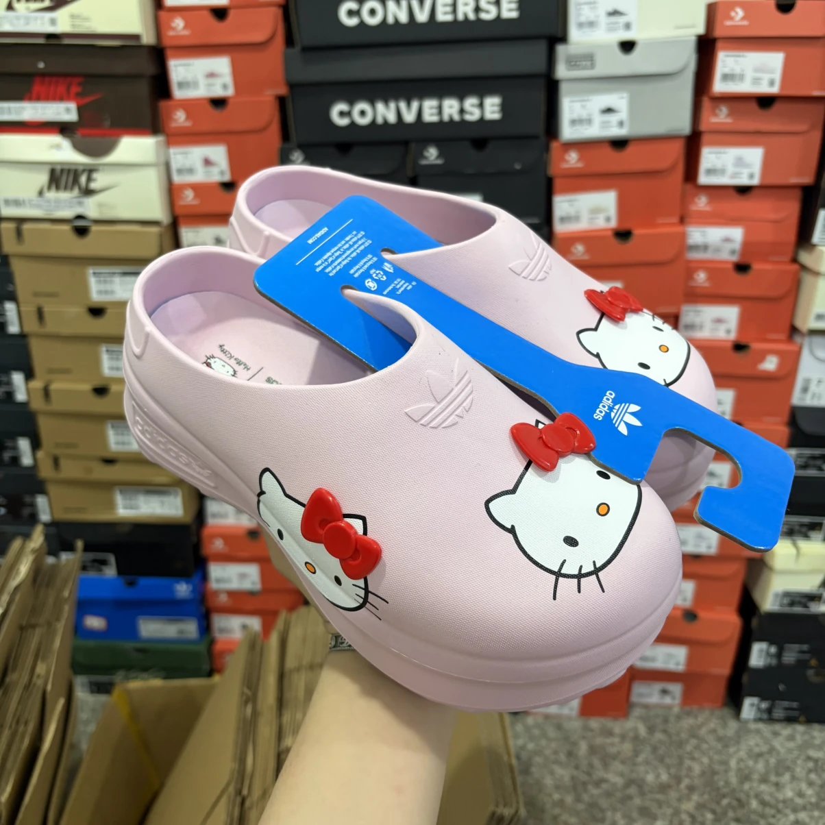 Adidas Popular Slippers - Ultra-Light Foam Sole, Non-Slip, Wear-Resistant, Lightweight Sports Sandals, Mules, Chef Clogs, Height-Increasing Platform Slippers, Water Shoes, Beach Shoes - Pink Hello Kitty - Great Value, Includes Hook, Large Original Box, Sealed Bag Packaging