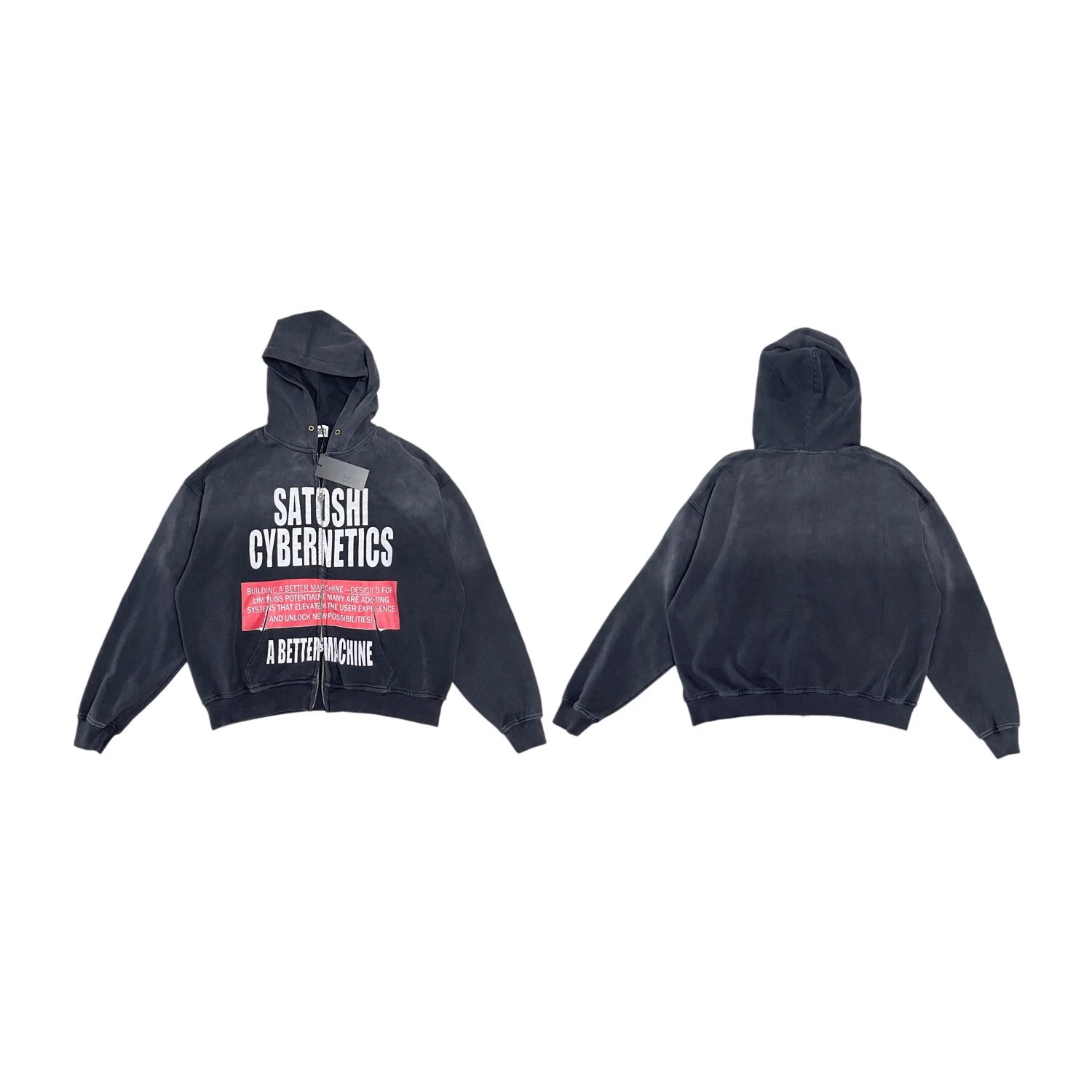 Satoshi Nakamoto Cybernetics Zip UpHoodie Washed Black 连帽衫，明星同款