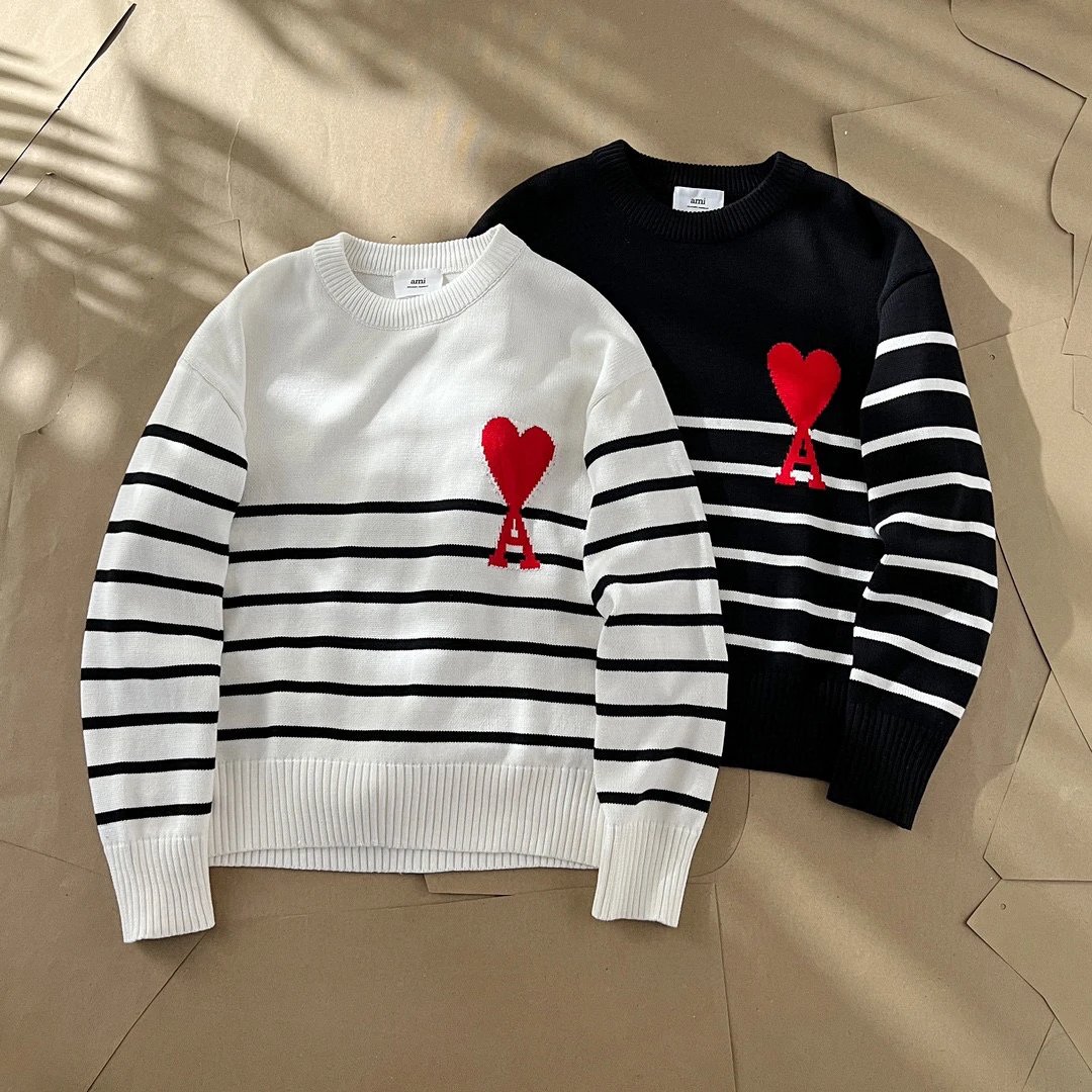 Men's and Women's Couple Classic Red Big Heart Wool Blend Striped Knit Crew Neck Sweater