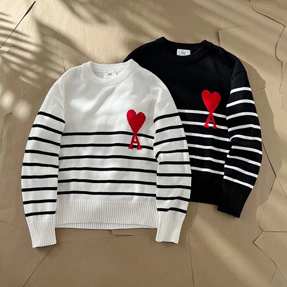 Men's and Women's Couple Classic Red Big Heart Wool Blend Striped Knit Crew Neck Sweater